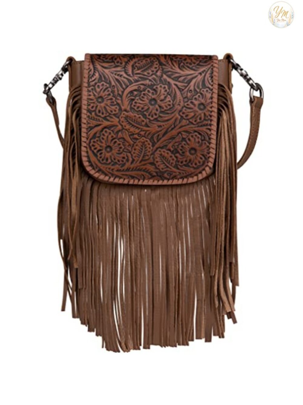 Genuine Leather Fringe Crossbody Purse with Floral Tooled Pattern and
